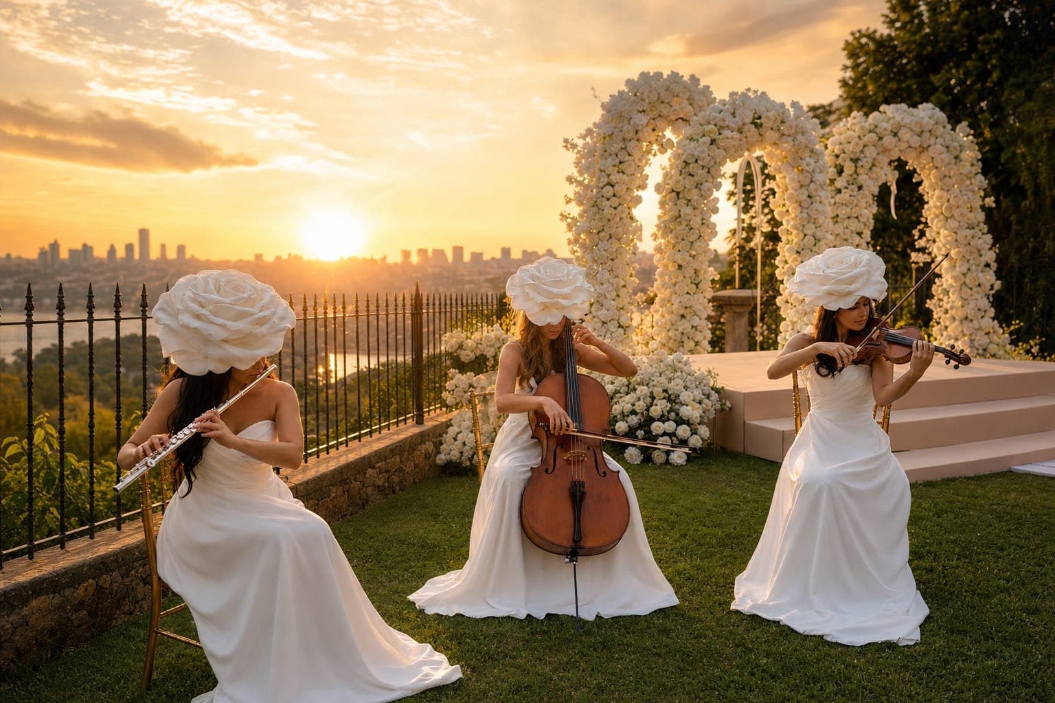 Trio canlı müzik grubu — yaylı ve akustik enstrümanlarla düğün performansı